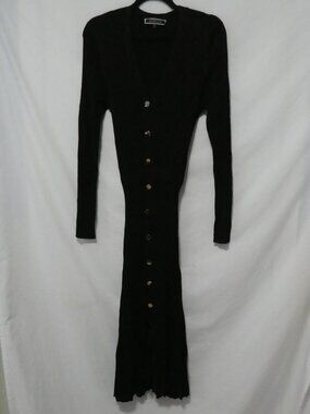 MELANIE LYNE Black Ribbed Knit Button Front Midi Sweater Dress - Size Large